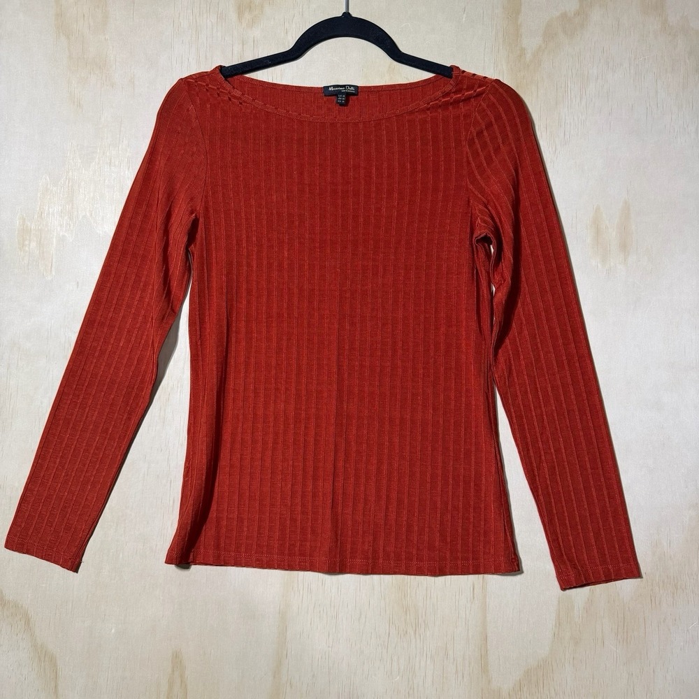 Massimo Dutti Ribbed Long Sleeve Top Womens XS Rust Orange Stretch Knit Tee